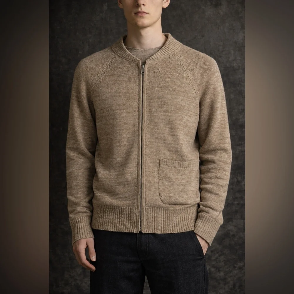 Nom De Guerre Zip Cardigan Wool Blend Sweater Beige Single Pocket Archive